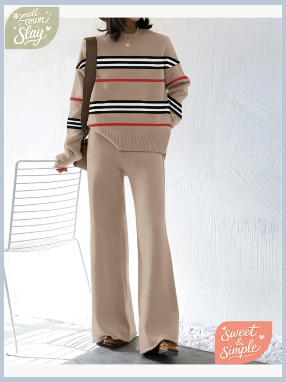 Women's Knitted Lounge Set 2 Piece Sweatsuit Sweater & Wide Leg Pants - Picture 2 of 6